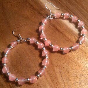 Cherry Quartz Beaded Rosetone and Stainless Steel Hoop Earrings